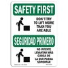 Signmission OSHA Sign, Don't Try To Lift More Than Bilingual, 18in X 12in Decal, 12" W, 18" L, Landscape OS-SF-D-1218-L-10768